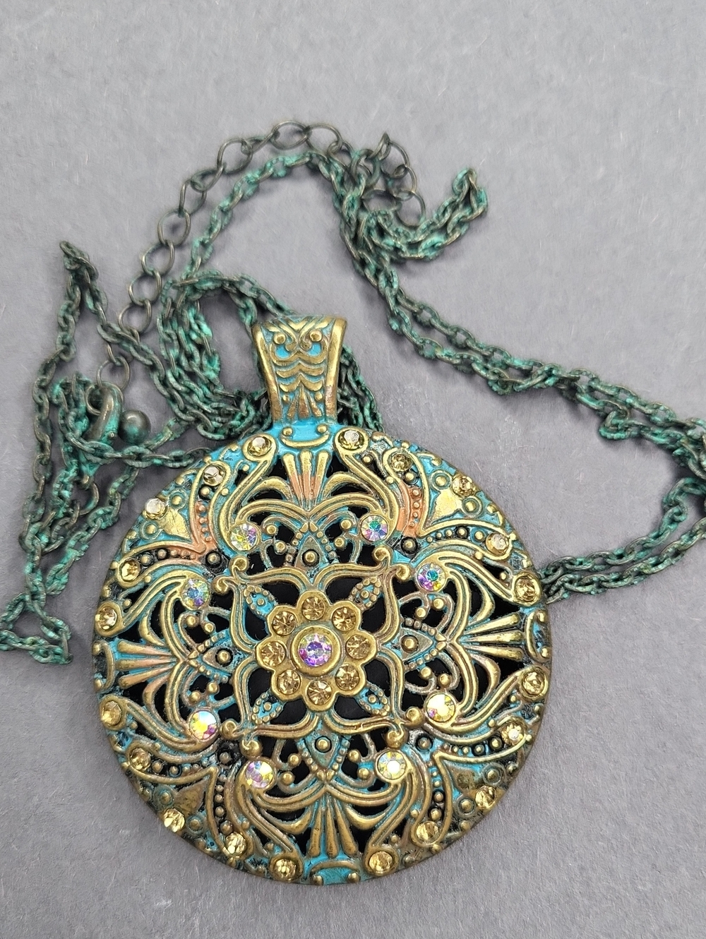 Antique-Style Gold & Teal Filigree Pendant Necklace - Picture 4 of 4